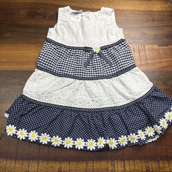 Bluberi Blvd Navy White Daisies Eyelet Polka Dot Gingham Lace Dress Girls 24M - Picture 1 of 2